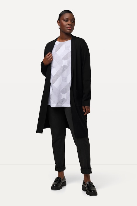 [712094100-44+] 712094 - Cardigan coupe ouverte et longue, en maille fine et douce (noir, 44/46)