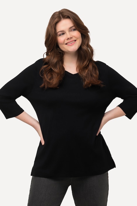 749141 - T-shirt, jersey bord-côte. Col en V et manches 3/4. Coton bio