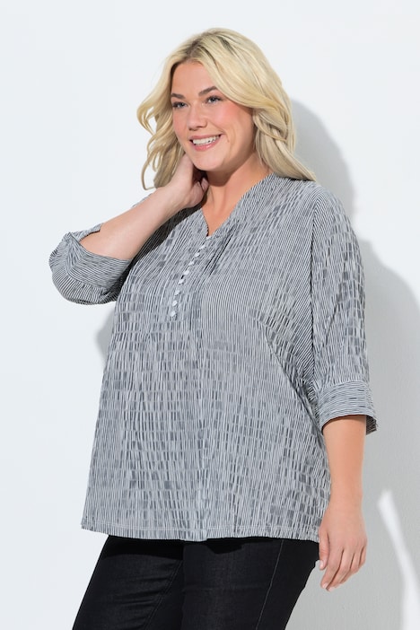 [797456100-44+] 797456 - Tunique en tissu gaufré. Manches 3/4. Décolleté cœur et plis fantaisie (noir, 44/46)