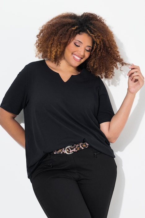 [807259130-44+] 807259 - T-shirt manches courtes et col tunisien, coupe évasée (noir, 44/46)