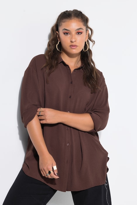 [811984359-44+] 811984 - Chemise oversized en tissu crêpe, col de chemise et manches longues (marron, 44/46)