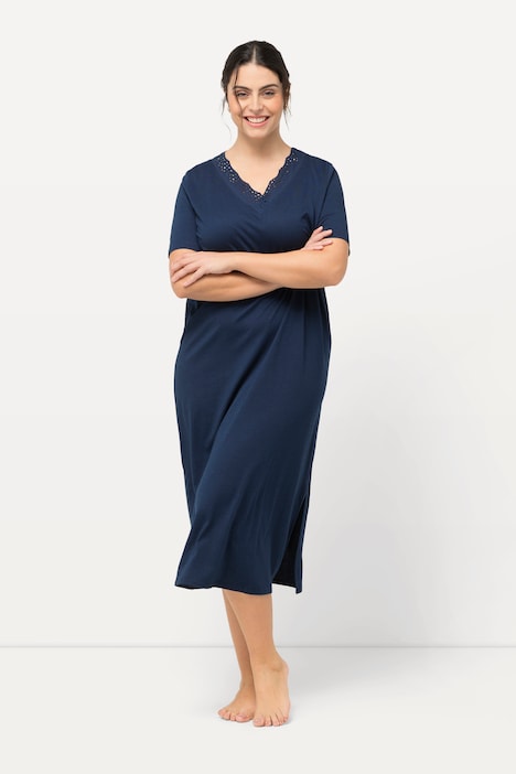 [804072139-44+] 804072 - Chemise de nuit en modal mélangé, manches courtes et broderies ajourées (bleu nuit, 44/46)
