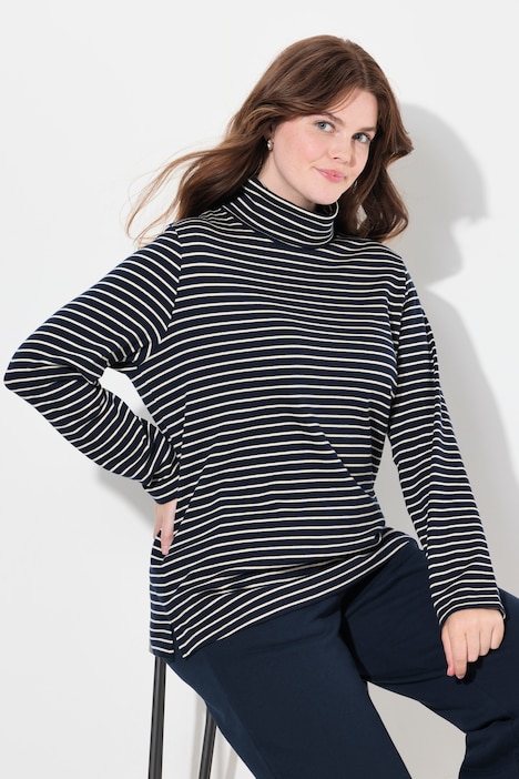 [810681133-44+] 810681 - T-shirt côtelé coupe Slim. Col roulé, manches longues et coton bio (marine, 44/46)