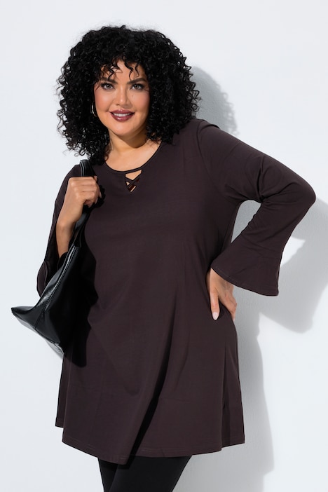 [855736115-44+] 855736 - Longshirt, A-Linie. Ausschnitt mit Zierbändern, Langarm. Bequem weiter Saum. (44/46)